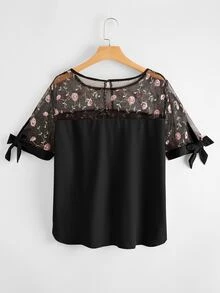 Camisa de puño con nudo con malla con bordado