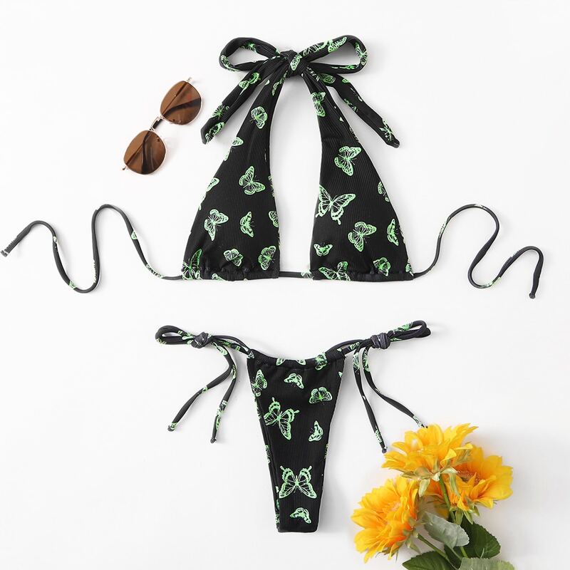 

Butterfly Print Halter Bikini Swimsuit, Multicolor