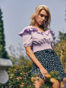 SHEIN WYWH Camisa corta fruncido ribete fruncido - Lila Púrpura - Ver 3