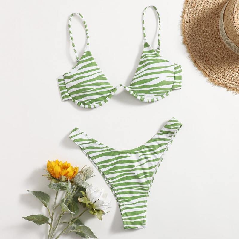

Zebra Striped High Cut Bikini Swimsuit, Green