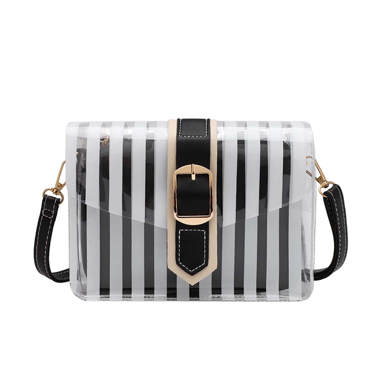 

Striped Buckle Crossbody Bag, Black and white