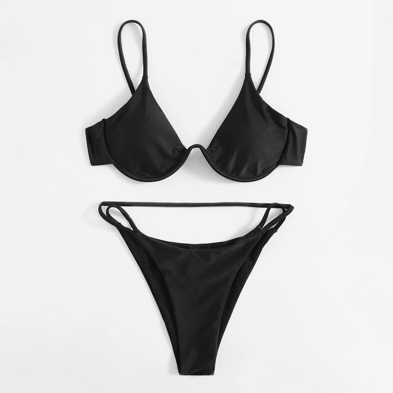 

Solid Tanga Bikini Swimsuit, Black