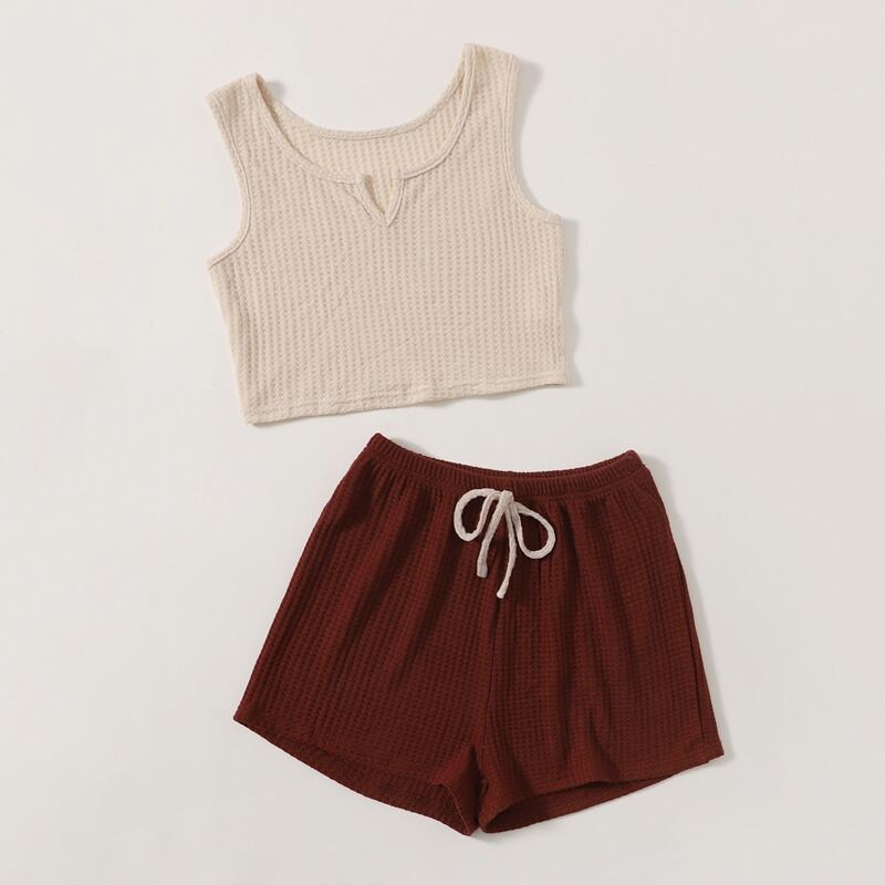 

Waffle Knit Notched Tank Top & Tie Front Shorts, Multicolor