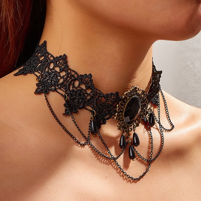 

Chain Tassel Lace Choker, Black