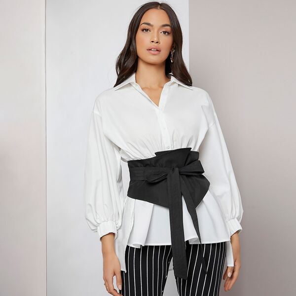

Drop Shoulder Lantern Sleeve Corset Blouse, White