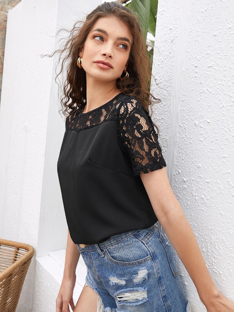 Keyhole Back Lace Yoke Top - Black - View 4