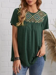 SHEIN Embroidery Detail Top - Dark Green - View 1