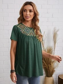 SHEIN Embroidery Detail Top - Dark Green - View 3