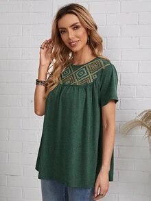 SHEIN Embroidery Detail Top - Dark Green - View 4