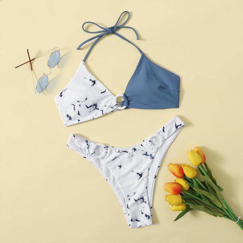 

Marble Print Ring Linked Bikini Swimsuit, Multicolor