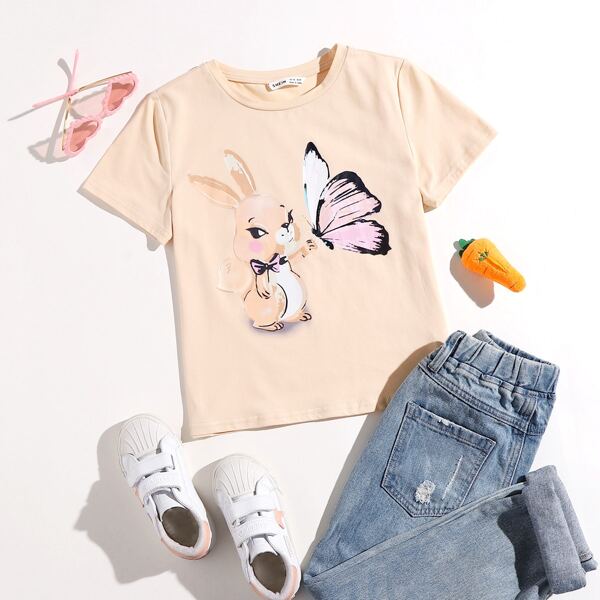 

Girls Rabbit & Butterfly Print Tee, Apricot