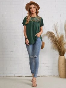 SHEIN Embroidery Detail Top - Dark Green - View 5