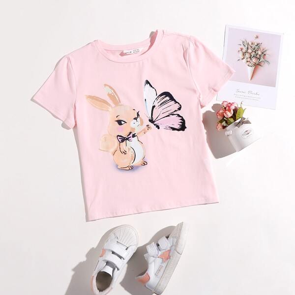 

Girls Rabbit & Butterfly Print Tee, Baby pink