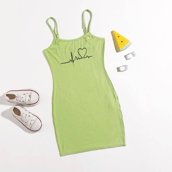 

Girls Heart Print Bodycon Dress, Lime green