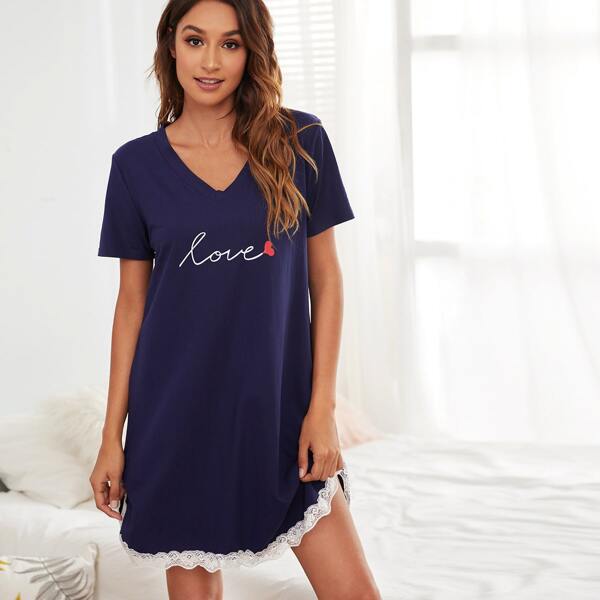 

Letter & Heart Print Lace Insert Sleep Dress, Navy blue