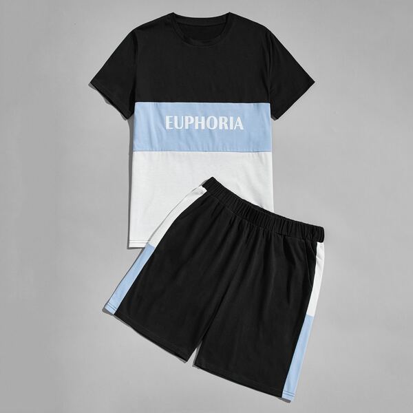 

Men Cut And Sew Letter Graphic Tee With Shorts, Multicolor