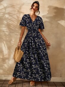 SHEIN Holidaya Floral Surplice Front Flutter Sleeve Dress - Navy Blue - View 1