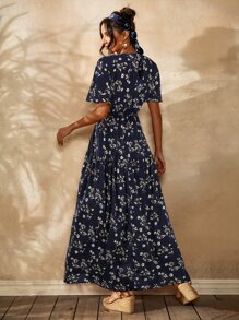 SHEIN Holidaya Floral Surplice Front Flutter Sleeve Dress - Navy Blue - View 2