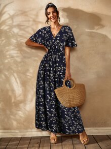 SHEIN Holidaya Floral Surplice Front Flutter Sleeve Dress - Navy Blue - View 4