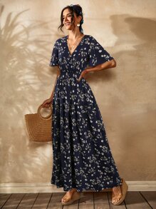 SHEIN Holidaya Floral Surplice Front Flutter Sleeve Dress - Navy Blue - View 6