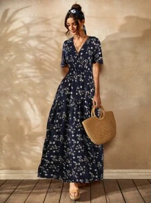 SHEIN Holidaya Floral Surplice Front Flutter Sleeve Dress - Navy Blue - View 7