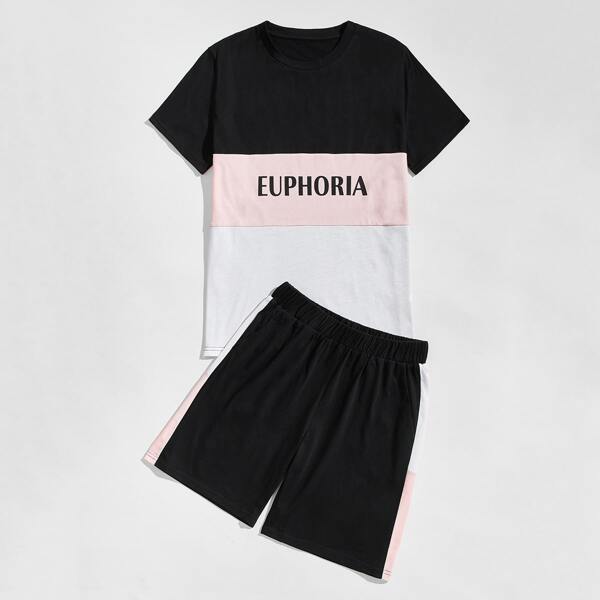 

Men Cut And Sew Letter Graphic Tee With Shorts, Multicolor