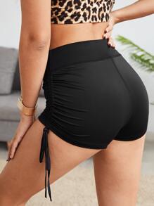 Muchica Wide Waistband Drawstring Ruched Side Shorts - Black - View 2