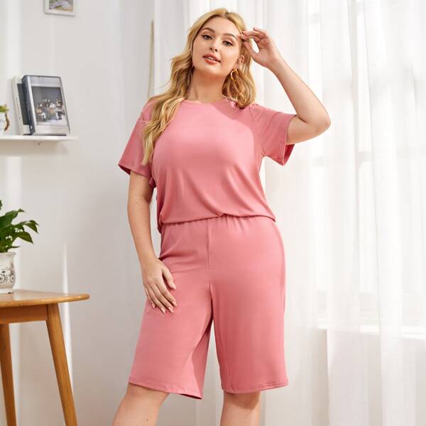 

Plus Solid Short Sleeve Pajama Set, Coral pink