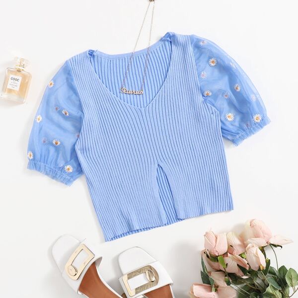 

Daisy Embroidered Mesh Ribbed Knit Top, Baby blue