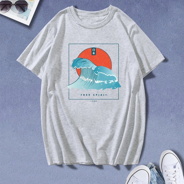 

Men Great Wave And Letter Graphic Tee, Light grey