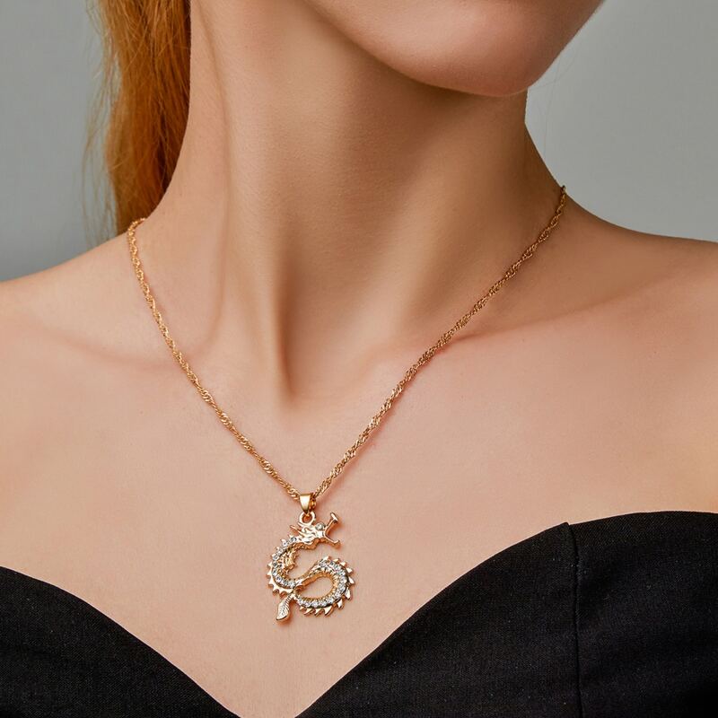 

Rhinestone Dragon Pendant Necklace, Gold