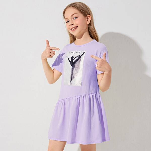 

Girls Figure Graphic Ruffle Hem Dress, Lilac purple