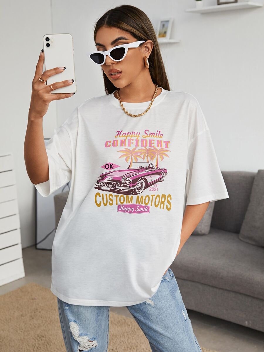 Muchica Drop Shoulder Letter & Car Print Tee - White - View 1
