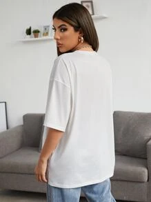 Muchica Drop Shoulder Letter & Car Print Tee - White - View 2