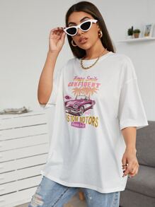 Muchica Drop Shoulder Letter & Car Print Tee - White - View 3