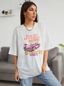 Muchica Drop Shoulder Letter & Car Print Tee - White - View 4