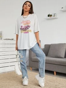 Muchica Drop Shoulder Letter & Car Print Tee - White - View 5