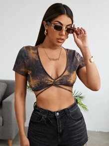 SHEIN Tie Dye Knot Back Crop Tee - Multicolor - View 1