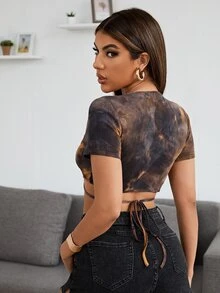 SHEIN Tie Dye Knot Back Crop Tee - Multicolor - View 3