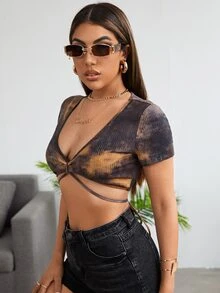 SHEIN Tie Dye Knot Back Crop Tee - Multicolor - View 4