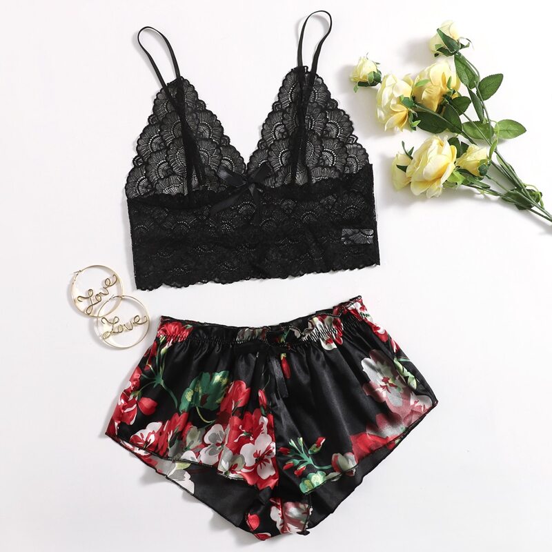 

Floral Lace Bralette With Floral Shorts, Black