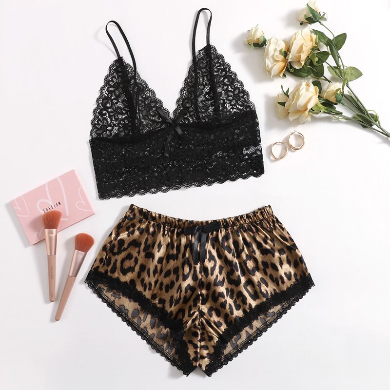 

Floral Lace Bralette With Leopard Shorts, Multicolor