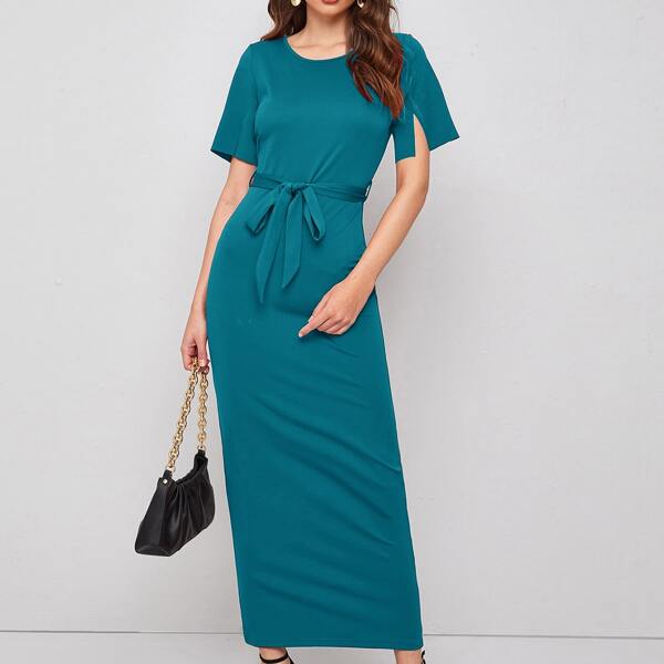 

Solid Belted Split Sleeve Fitted Dress, Teal blue