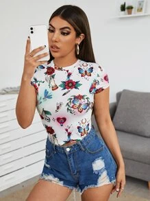 SHEIN Privé Floral & Butterfly Print Tee - Multicolor - View 1