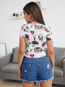 SHEIN Privé Floral & Butterfly Print Tee - Multicolor - View 2