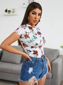 SHEIN Privé Floral & Butterfly Print Tee - Multicolor - View 4