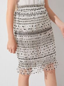 SHEIN 女孩打褶腰抽褶細節提花網紗半身裙 - 黑與白 - 查看 4