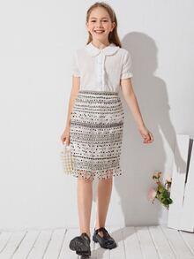 SHEIN 女孩打褶腰抽褶細節提花網紗半身裙 - 黑與白 - 查看 5