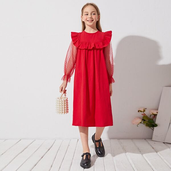

Girls Dobby Mesh Flounce Sleeve Ruffle Detail Dress, Red