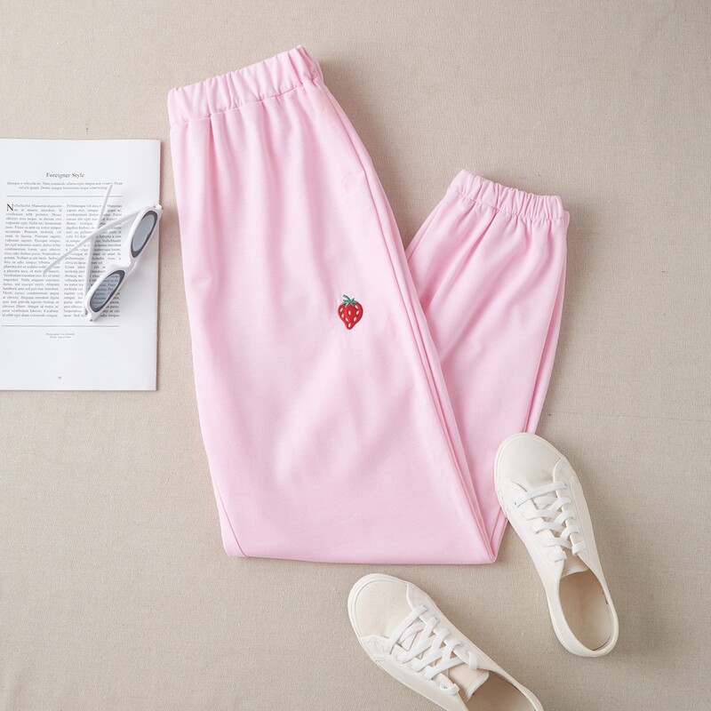 

Strawberry Embroidery Sweatpants, Pink